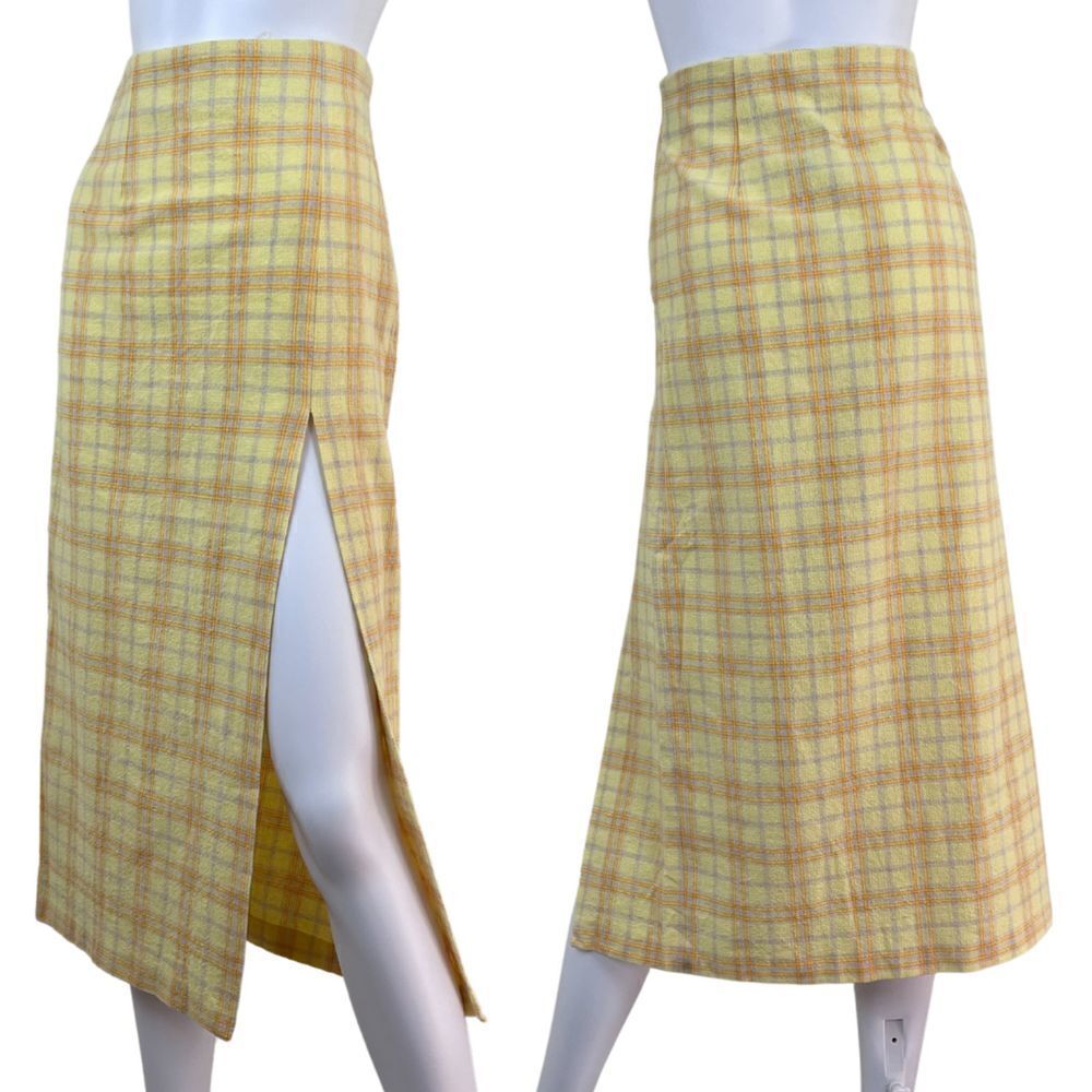 Zara Women Size S Yellow Plaid Cotton Tweed Slit High Rise Midi NEW Skirt
